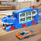 Juego de juguetes de pista de carreras de autos de transporte de dinosaurios para niños con coches de metal fundido a presión