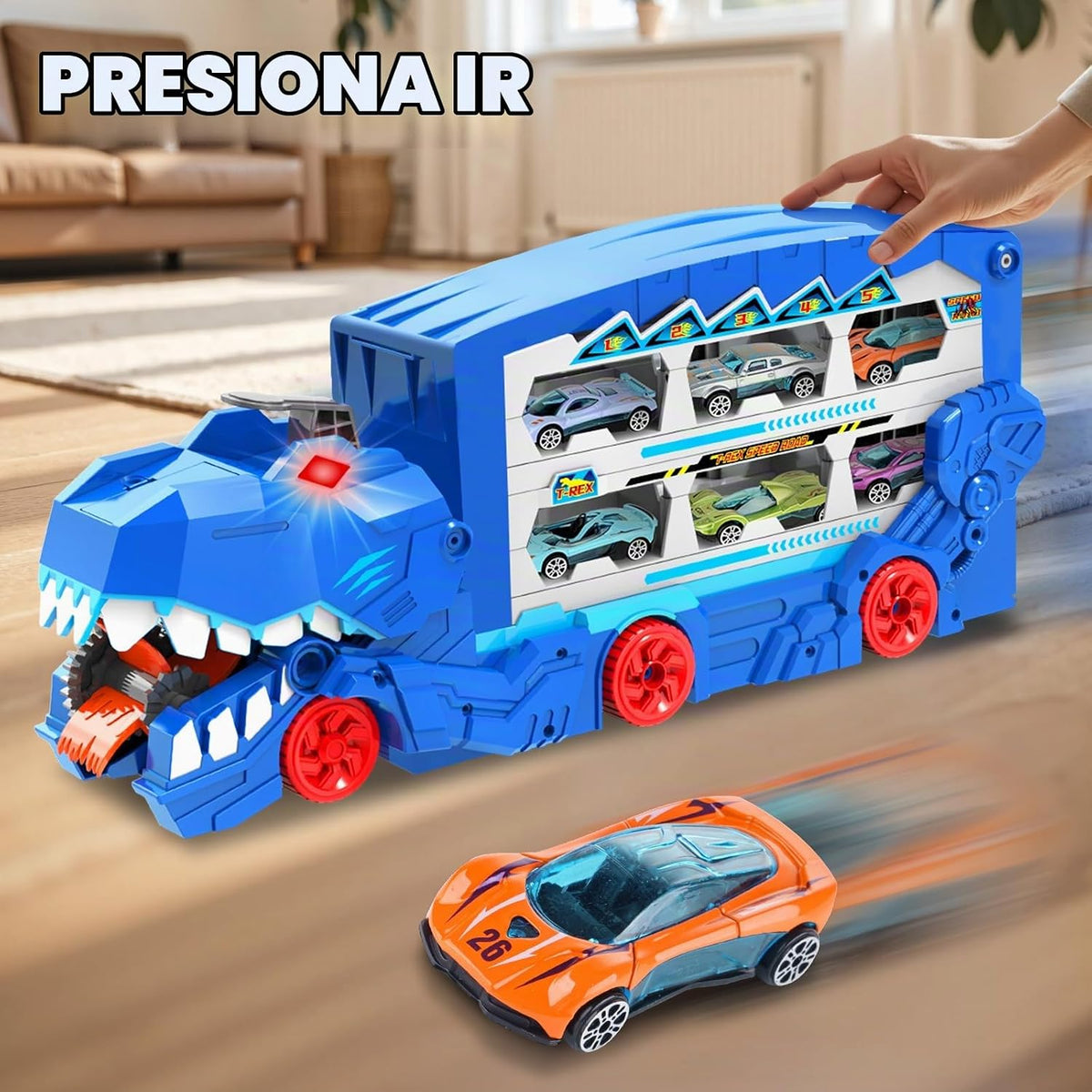 Juego de juguetes de pista de carreras de autos de transporte de dinosaurios para niños con coches de metal fundido a presión