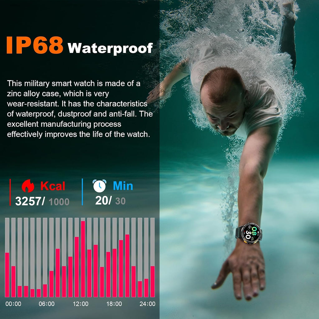 Relojes inteligentes militares con GPS integrado, más de 170 modos deportivos para hombres con linterna, reloj inteligente para teléfonos Android y iPhone, pantalla AMOLED de 1.43 pulgadas, llamadas