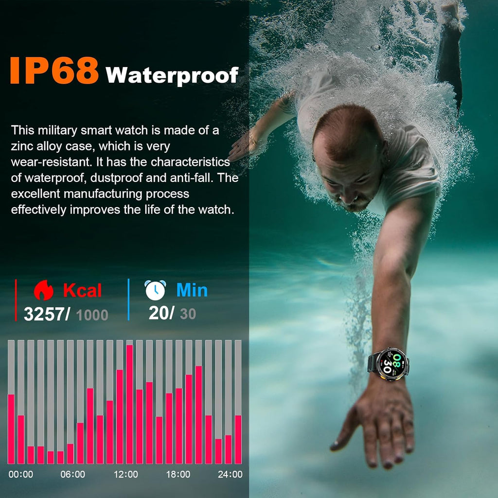 Relojes inteligentes militares con GPS integrado, más de 170 modos deportivos para hombres con linterna, reloj inteligente para teléfonos Android y iPhone, pantalla AMOLED de 1.43 pulgadas, altímetro