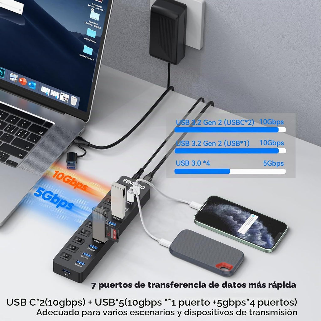 FEMORO, hub USB 3.2 de 11 puertos, alimentado, adaptador 12V/4A