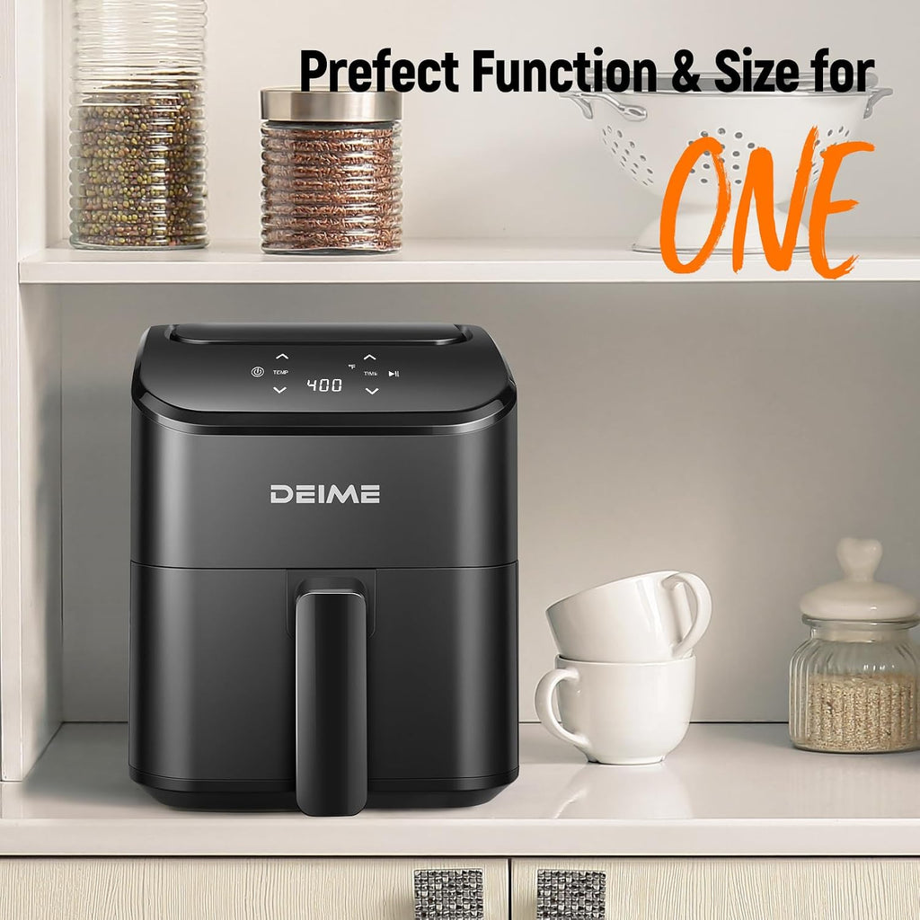 DEIME Freidora de aire, pequeña freidora digital de 3 cuartos de galón, compacta, para hornear, recalentar, asar para comidas rápidas y fáciles, mini cesta compacta y silenciosa, antiadherente y apta para lavavajillas (negro)