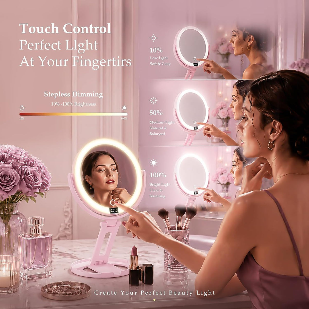 Espejo de maquillaje de viaje con luces, espejo de aumento de doble cara 1X
