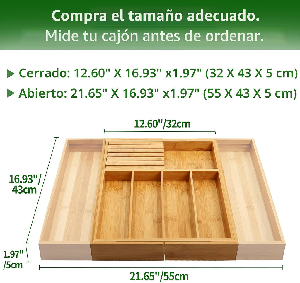 VaeFae Organizador de cajones de cubiertos de bambú, 7 ranuras, natural