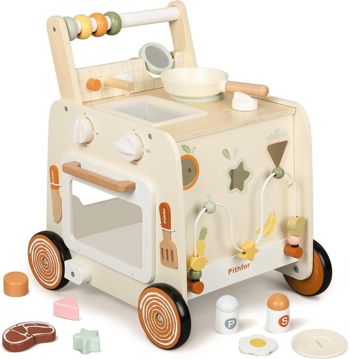 Andador de Madera para Bebés, Andador de Empuje para Bebés 3 en 1, con Cocina de Juguete, Centro de Actividades Sensoriales Montessori, Juguetes Andadores de Empuje para Bebés que Aprenden a