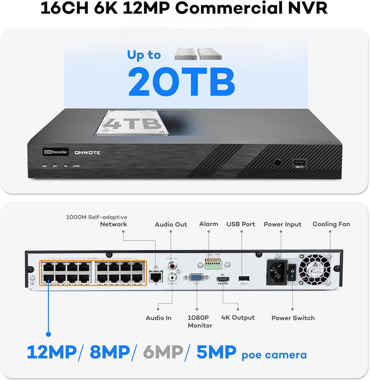 ONWOTE Sistema de cámara de seguridad PoE NVR de 16 canales 6K 12MP...