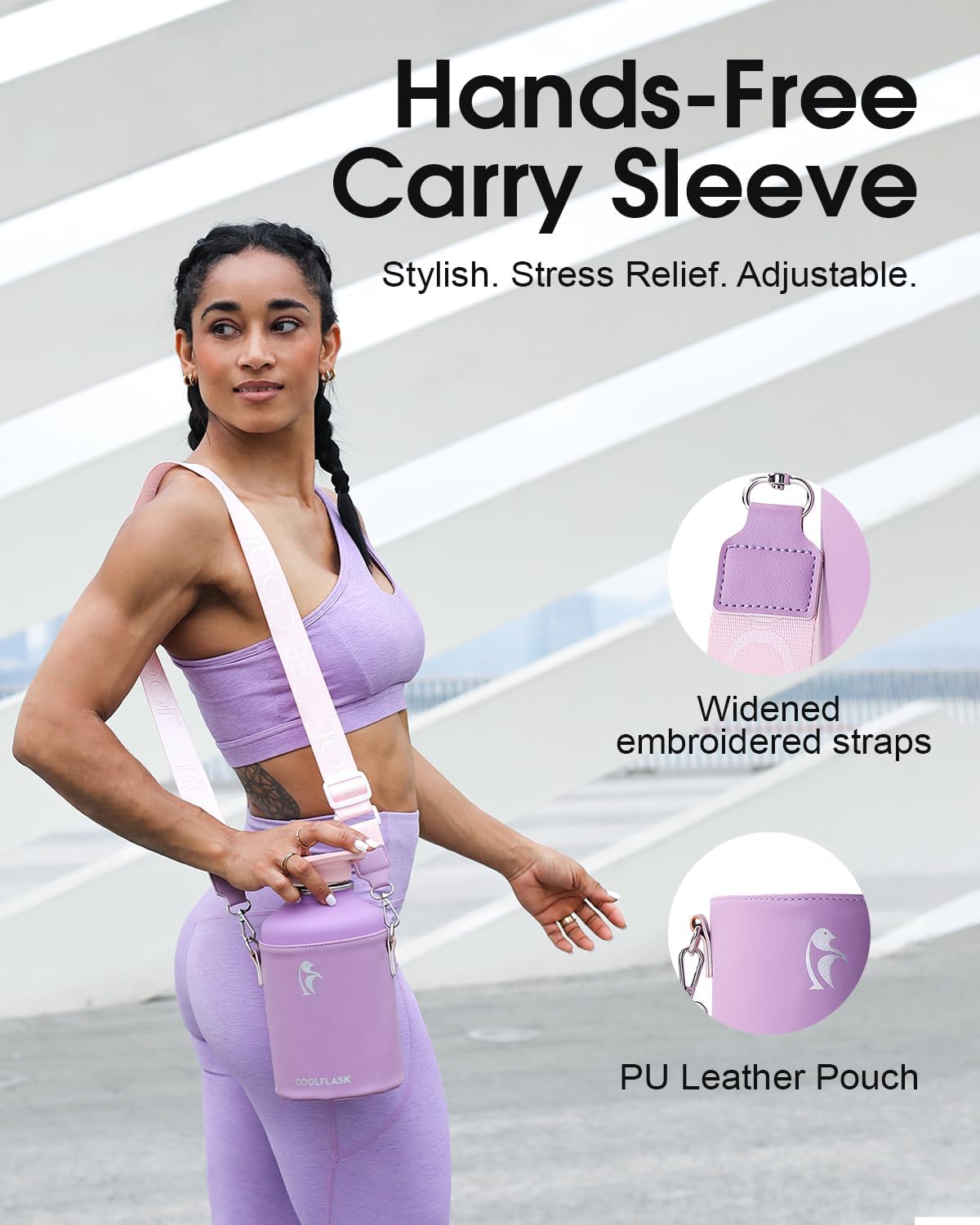Coolflask - Funda de piel sintética aislada para botella de agua, 64 onzas, color lila y morado
