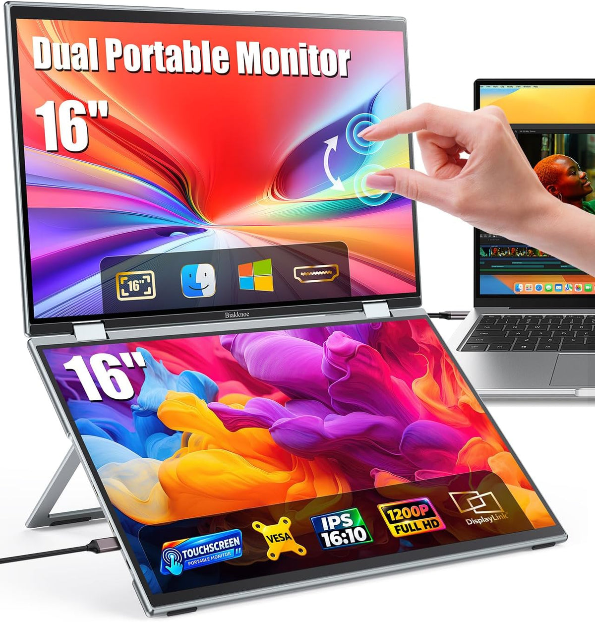 Monitor portátil, doble monitor de pantalla táctil de 16 pulgadas