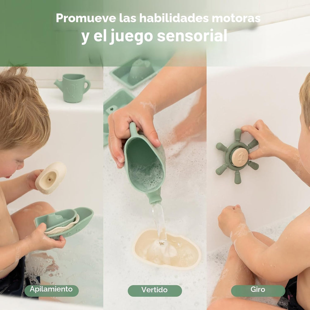 Haakaa Juego de juguetes náuticos de baño de silicona para bebés, juguetes de bañera de silicona de grado alimenticio para niños pequeños, botes apilables sin moho y juguete giratorio y taza para verter, juguetes flotantes sin BPA para bebés de 6 meses