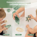 Haakaa Juego de juguetes náuticos de baño de silicona para bebés, juguetes de bañera de silicona de grado alimenticio para niños pequeños, botes apilables sin moho y juguete giratorio y taza para verter, juguetes flotantes sin BPA para bebés de 6 meses