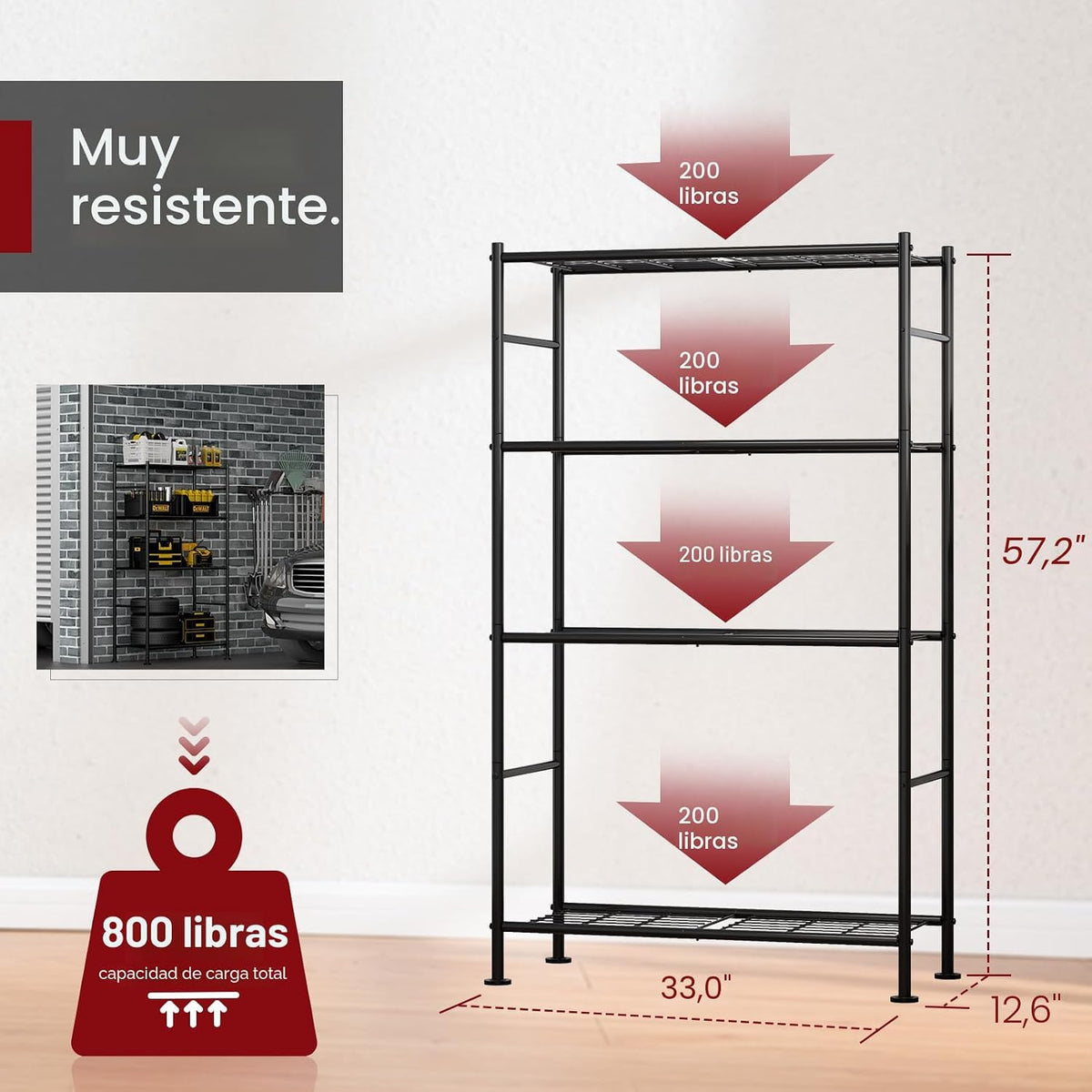 Estantes de almacenamiento - Organizador de estantes de 4 niveles, estantería de garaje resistente con patas niveladoras, organizador de estantes de metal estable para despensa, cocina y
