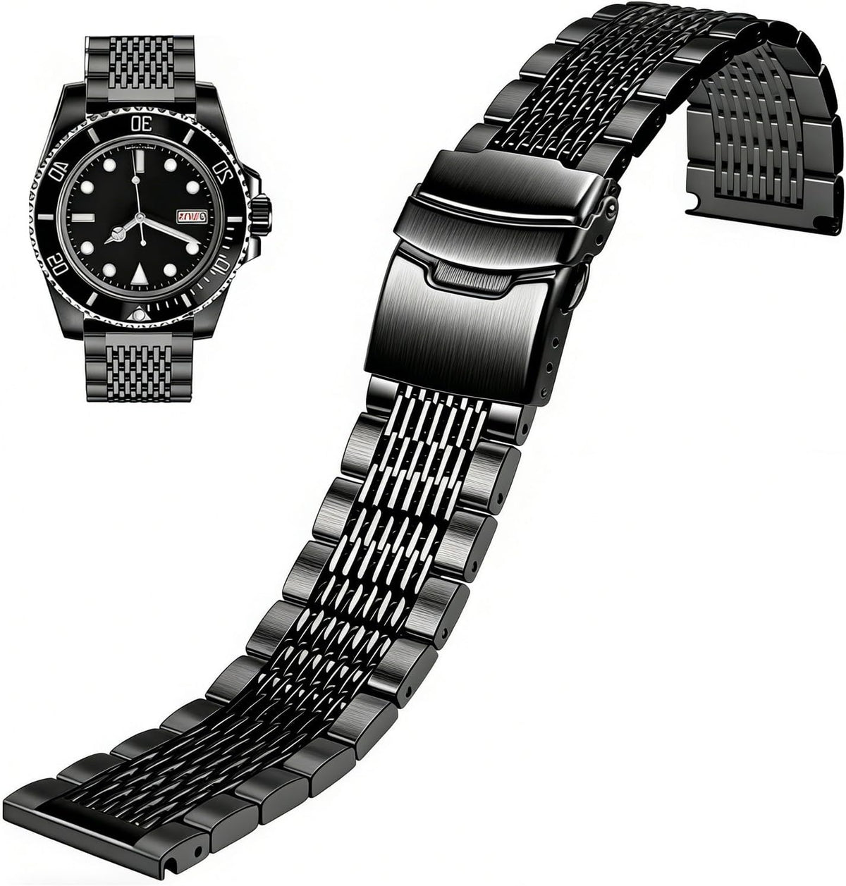 Juntan Correa de reloj de acero inoxidable, 0.709 in, 0.787 in, 0.866 in, 0.945 in, correas de reloj de metal para hombres y mujeres, correa ajustable de reloj de negocios, color negro plateado con