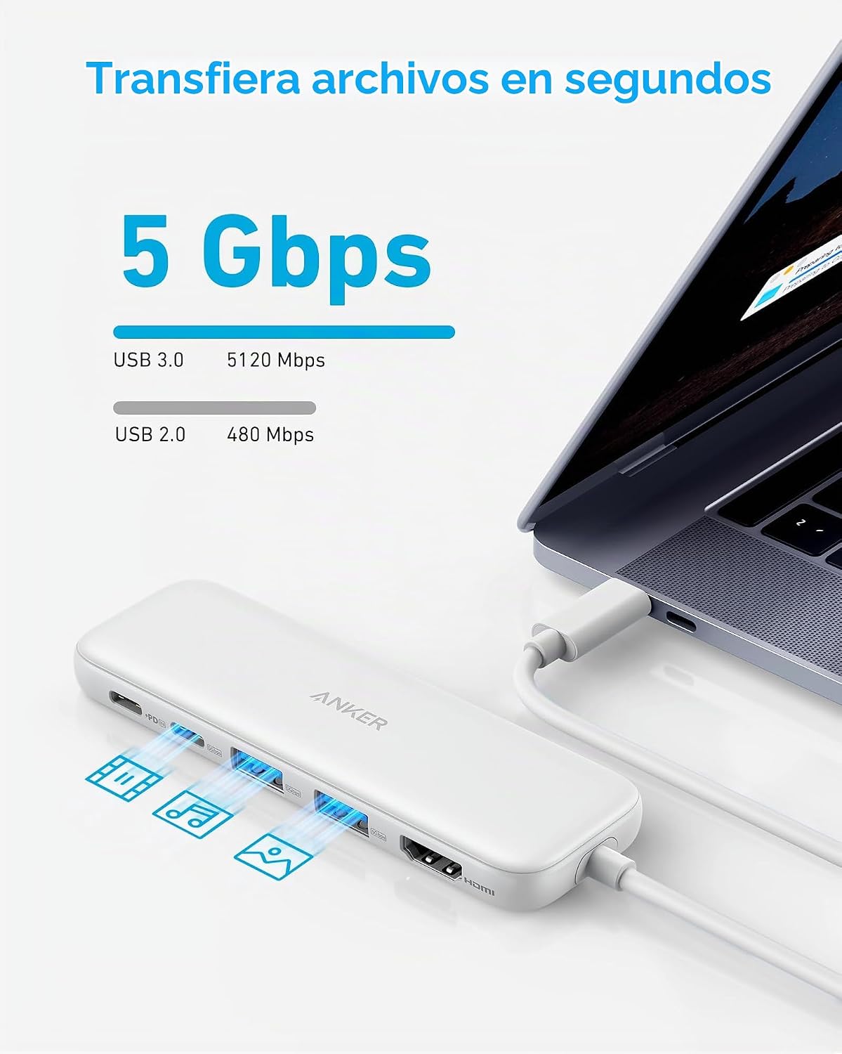 Anker Hub USB C, divisor USBC a HDMI 5 en 1 con pantalla 4K, 1 puer...