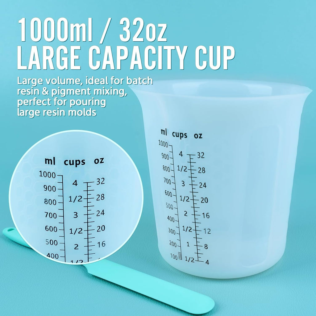 Juego de tazas medidoras de resina de silicona de 1 litro para suministros de resina, marcas fáciles de leer, taza grande de 32 onzas, tazas de silicona reutilizables gruesas de 500, 250 y 3.4 fl oz para mezcla de epoxi, fabricación de joyas