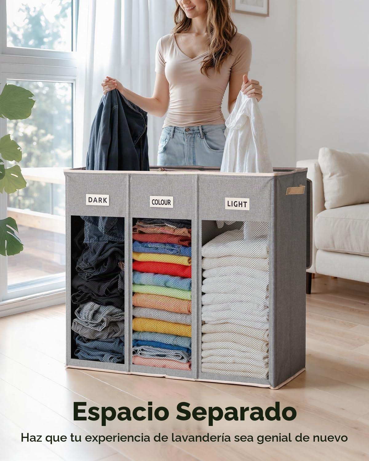 SOLEDI Cesta de lavandería de 3 secciones de 200 litros con tapa, cesta de ropa sucia extragrande con asas resistentes para lavandería y dormitorio, organizador duradero para clasificar la ropa sucia