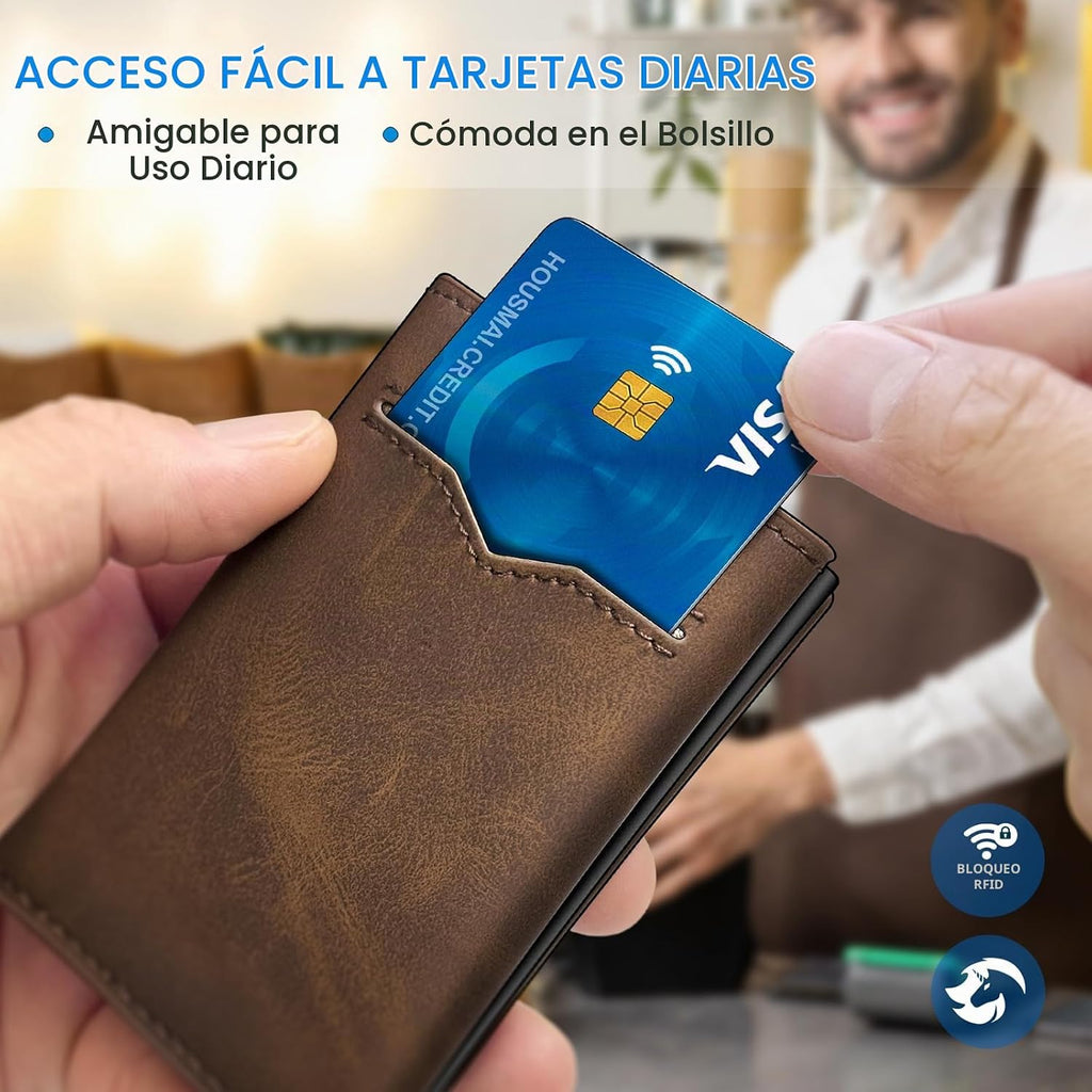 Cartera para hombre, tarjetero desplegable delgado con bloqueo RFID, billetera triple minimalista con 10 ranuras para tarjetas, bolsillo para efectivo y 2 ventanas para identificación, funda