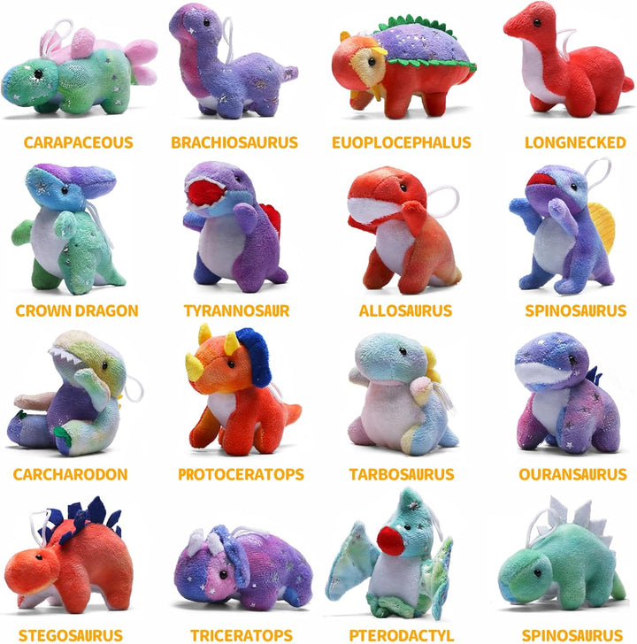 Juego de peluche de dinosaurio (paquete de 16), mini llavero de ani...