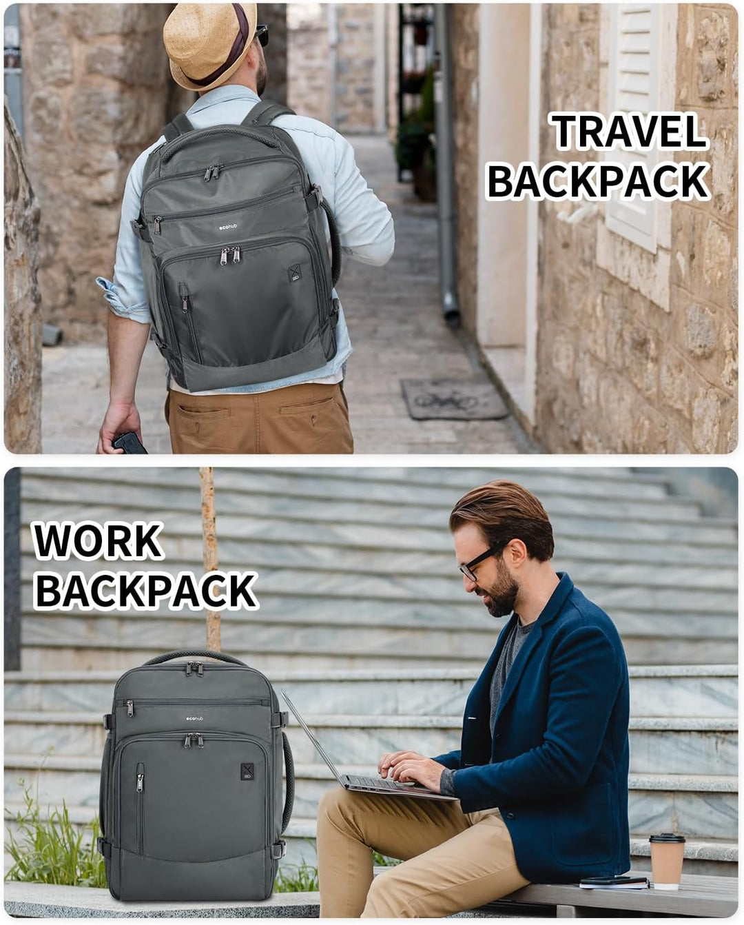 ECOHUB Mochila de Viaje Mochila de Equipaje de Mano, Gris-2, Mochil...