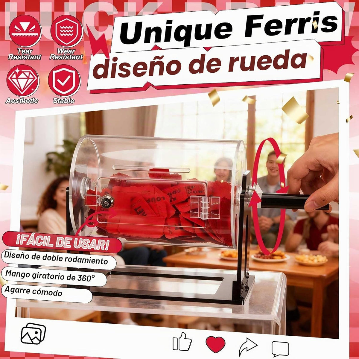 Leinuosen Tambor pequeño de acrílico para rifa, 8.7 x 5 x 7 pulgadas, boletos de rifa transparentes con mano agitadora, caja giratoria transparente para juegos de sorteo pequeños, actividades de fiesta (cilíndrica, negro)