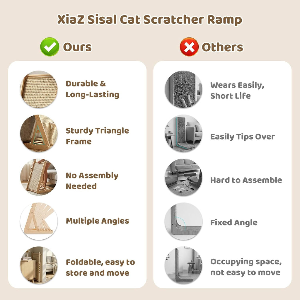 XiaZ Rascador de sisal para gatos, tabla de rascar de madera de 31 pulgadas con 5 alturas ajustables, alfombrilla de sisal reemplazable y almohadilla angular para arañazos para gatos de interior