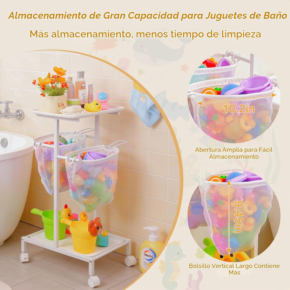 Soporte de almacenamiento de juguetes de baño, organizador de juguetes de bañera de secado rápido con 2 redes de malla colgantes y organizador de ducha, cubo grande de juguetes para bañera de fácil
