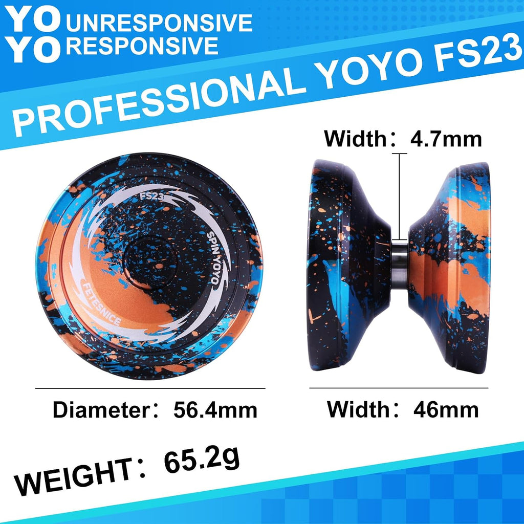 FS23 Finger Spin Yoyo - Yoyo profesional de trucos de metal, sensible y no responde para niños de 8 a 12 años y adultos, doble función Fingerspin trick yoyo con cuerdas y accesorios, negro, azul y