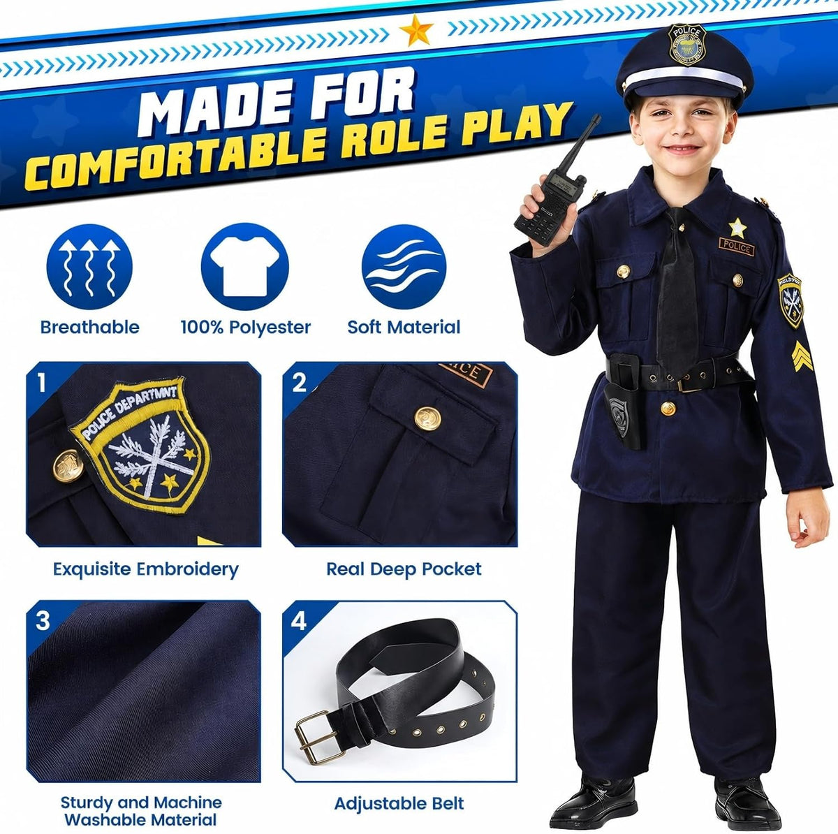 Skirfy Kit de Disfraz de Policía de 16 Piezas para Niños, Disfraz de Oficial de Policía para Niños, Kit de Rol de Disfraz de Policía para Niños, Disfraz de Halloween para Niños