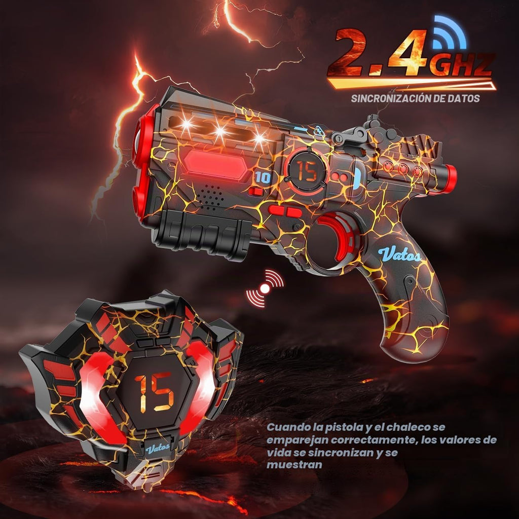 VATOS - Juego de 4 pistolas láser recargables - 2.4GHz de datos totalmente sincronizados, 4 pistolas y 4 chalecos con sensores - Pistolas láser geniales para cumpleaños y regalos para niños