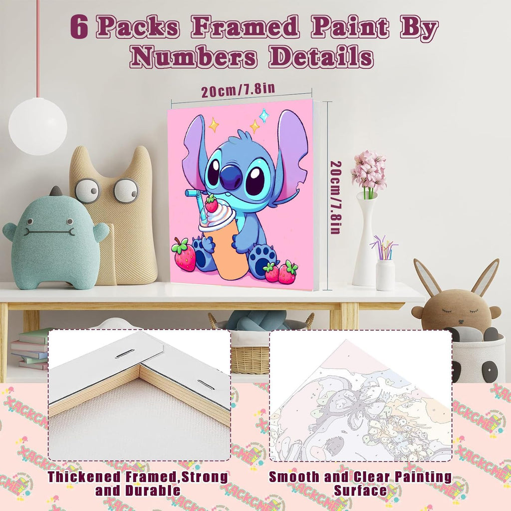 CraftyTime Pack de 6 Kits de Pintura por Números de Dibujos Animados para Niños con Lienzo con Marco, Pintura por Números para Niños de 4-8-12 años, Kits de Pintura Acrílica y al Aceite Fáciles para