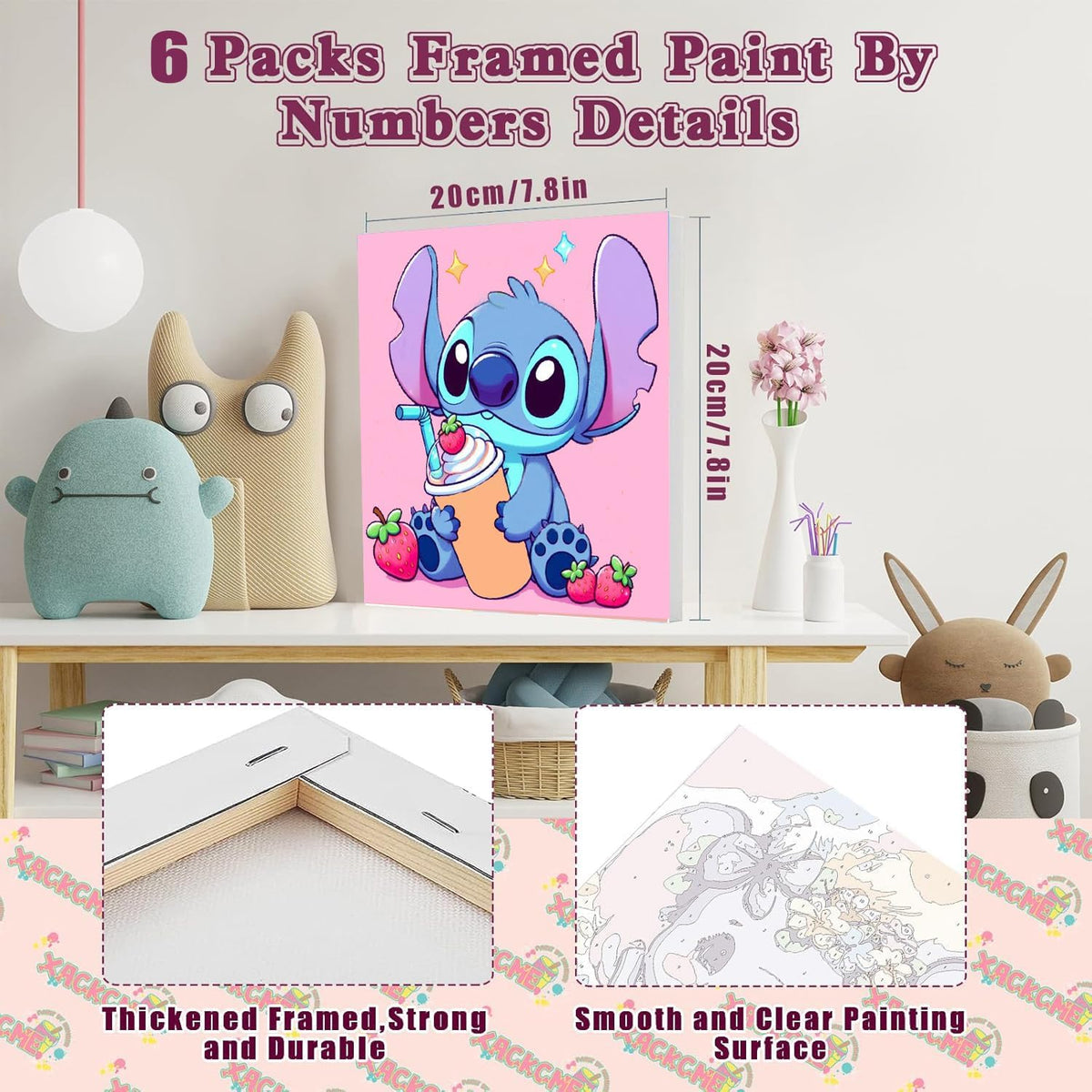 CraftyTime Pack de 6 Kits de Pintura por Números de Dibujos Animados para Niños con Lienzo con Marco, Pintura por Números para Niños de 4-8-12 años, Kits de Pintura Acrílica y al Aceite Fáciles para