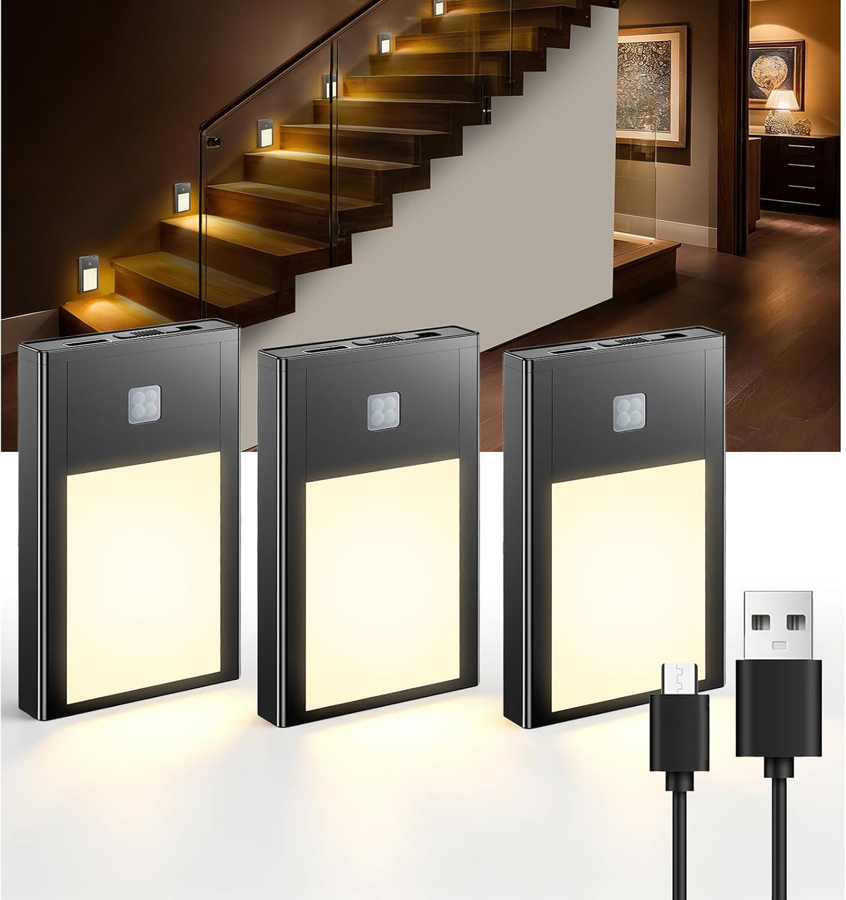 VST Paquete de 3 luces recargables para escaleras con sensor de movimiento