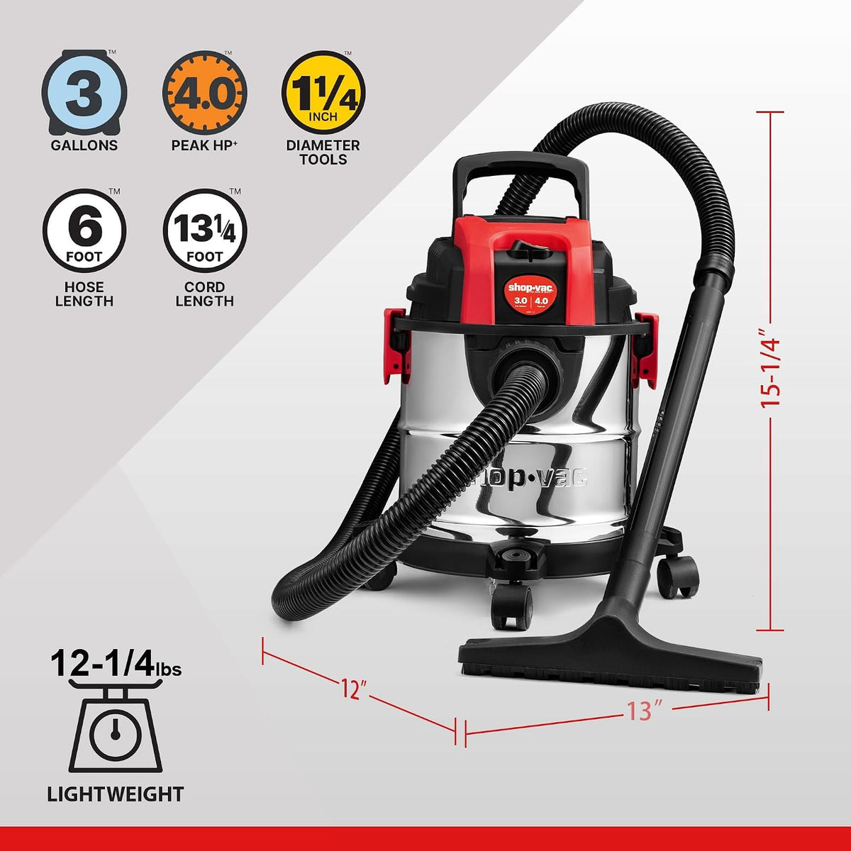 Shop-Vac Aspiradora húmeda/seca HP de 3 galones y 4.0 pico con función de