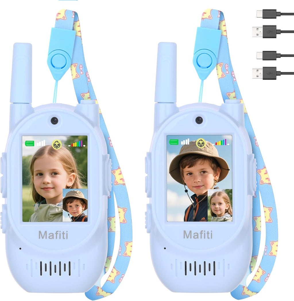 Mafiti Walkie Talkies de video para niños, paquete de 2 juguetes recargables de alcance de 1000 pies para niños de 3, 4, 5, 6, 7, 8 años, regalos de cumpleaños (azul + azul)