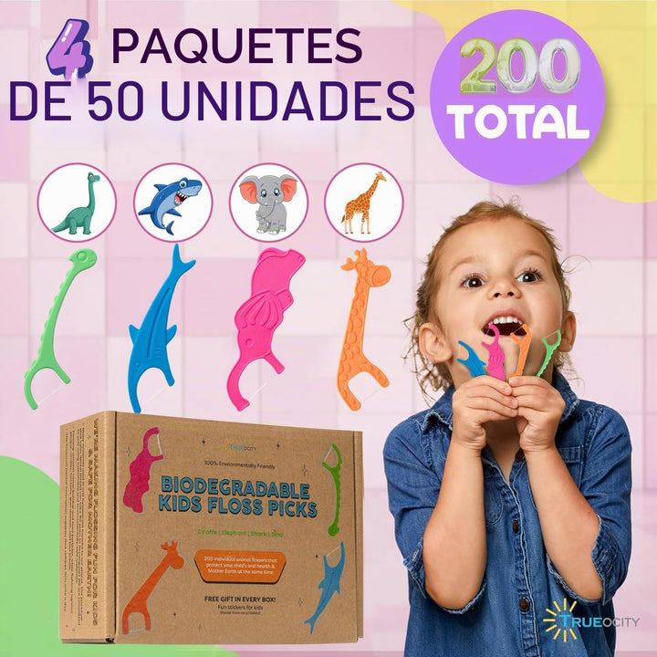 Hilo dental biodegradable para niños, paquete de 200, palillos de h...