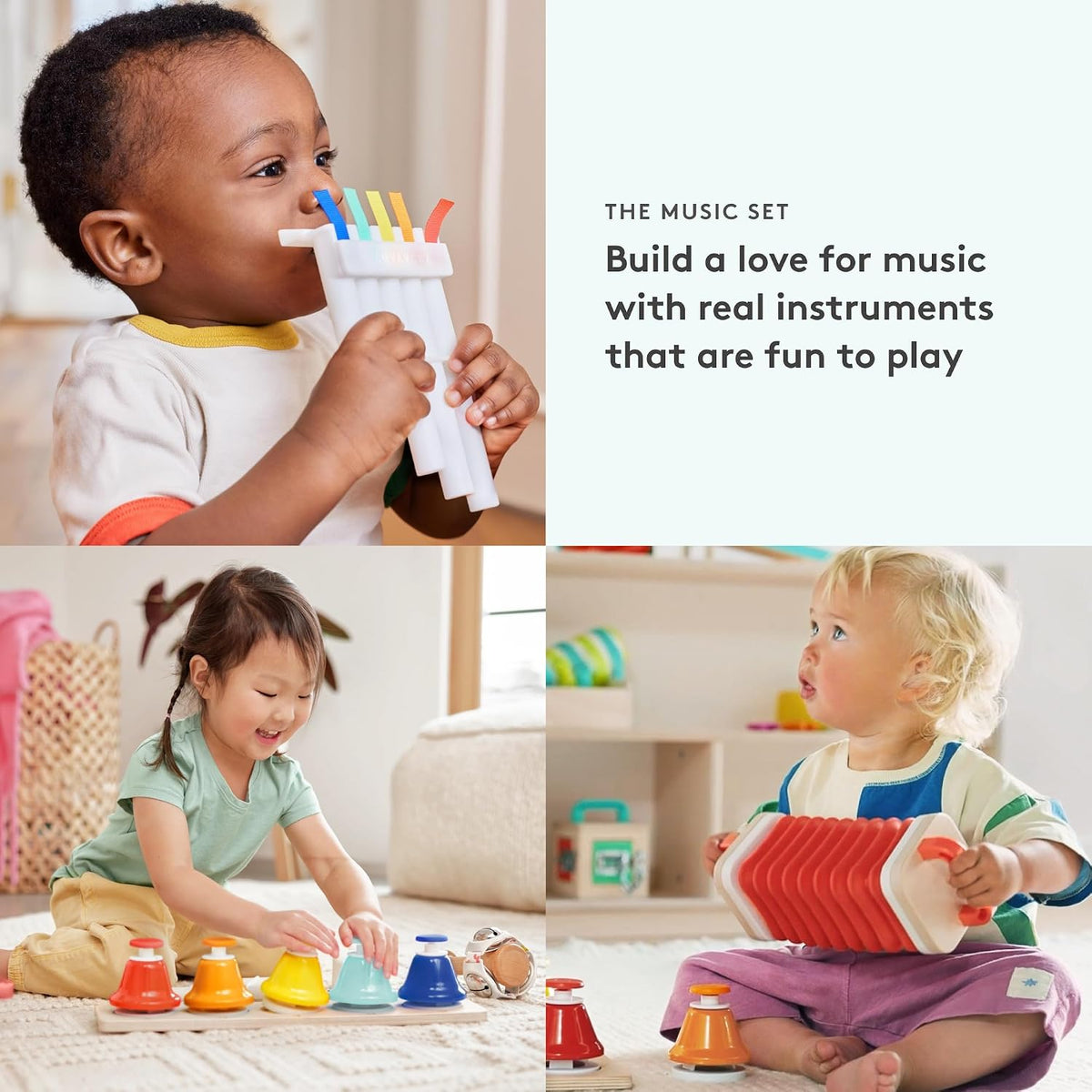 LOVEVERY El set de música | 6 instrumentos musicales Montessori y libro de ritmo | Juguetes educativos para niños pequeños y preescolares | Canciones simples y guía de juego | Edades 18 meses a 4+