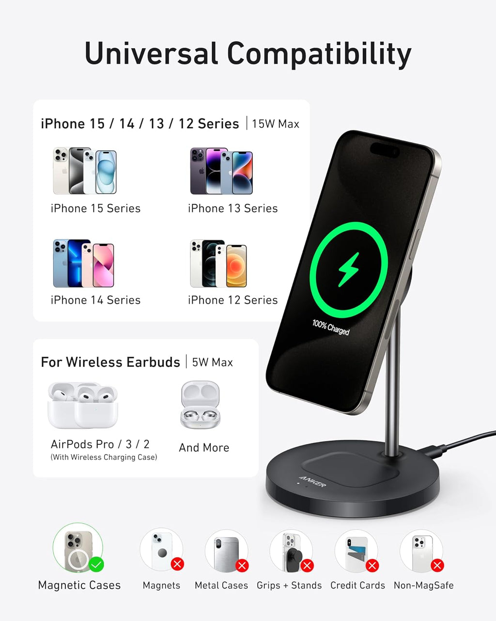 Anker MagGo 2-en-1 MagSafe Compatible Qi2 15W Carga inalámbrica Stand