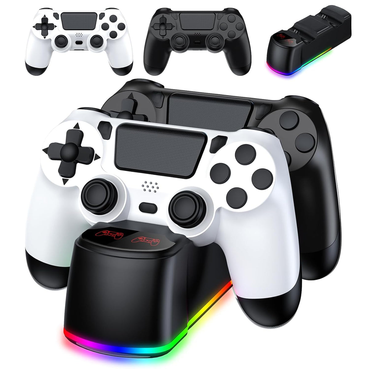 AROEVEIB Paquete de 2 Mandos con Base de Carga para Controlador PS4, Gamepad Inalámbrico con Estación de Carga LED y 2 Cables USB