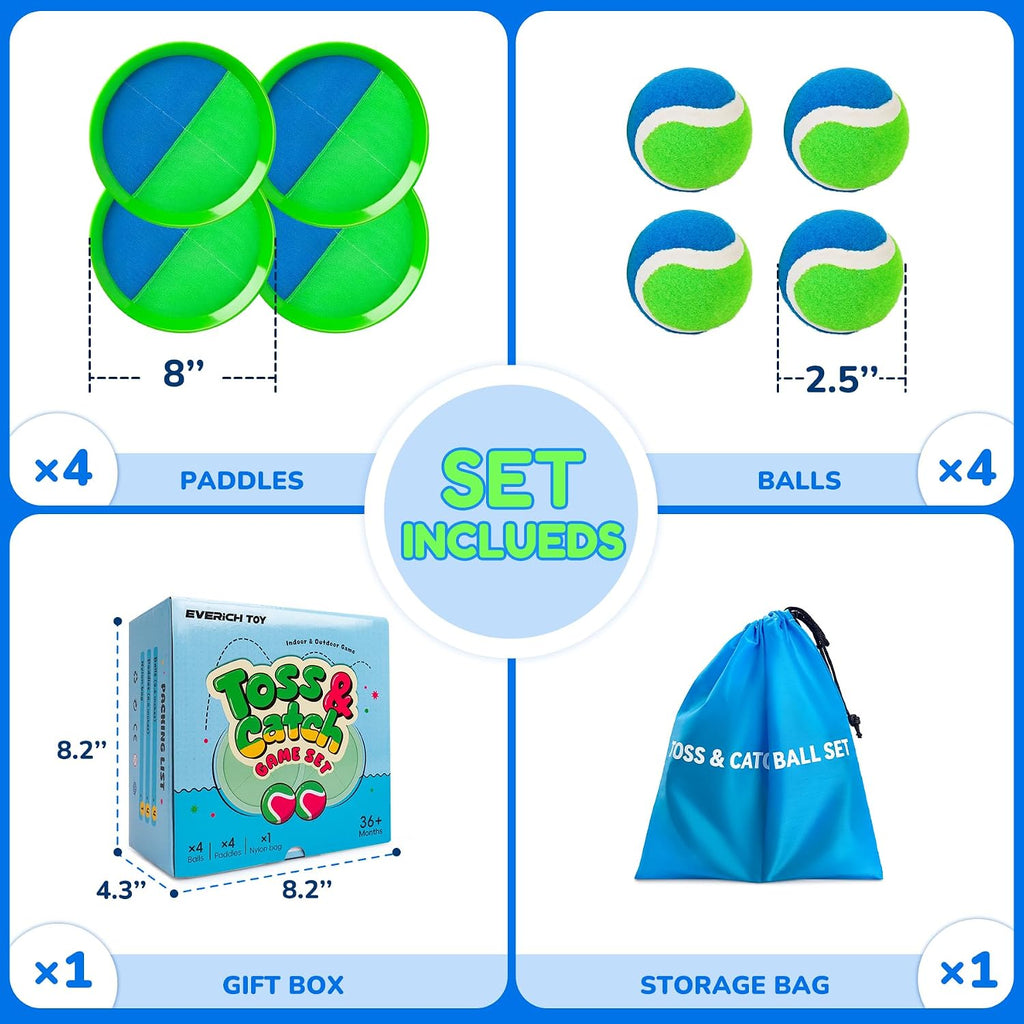 EVERICH TOY Juego de pelota para lanzar y atrapar, juego de bolas adhesivas mejoradas para niños y niños pequeños, resistente y resistente al agua, juguete para exteriores, patio trasero, playa, piscina, regalo de cumpleaños para niños y niñas de 3 a 12