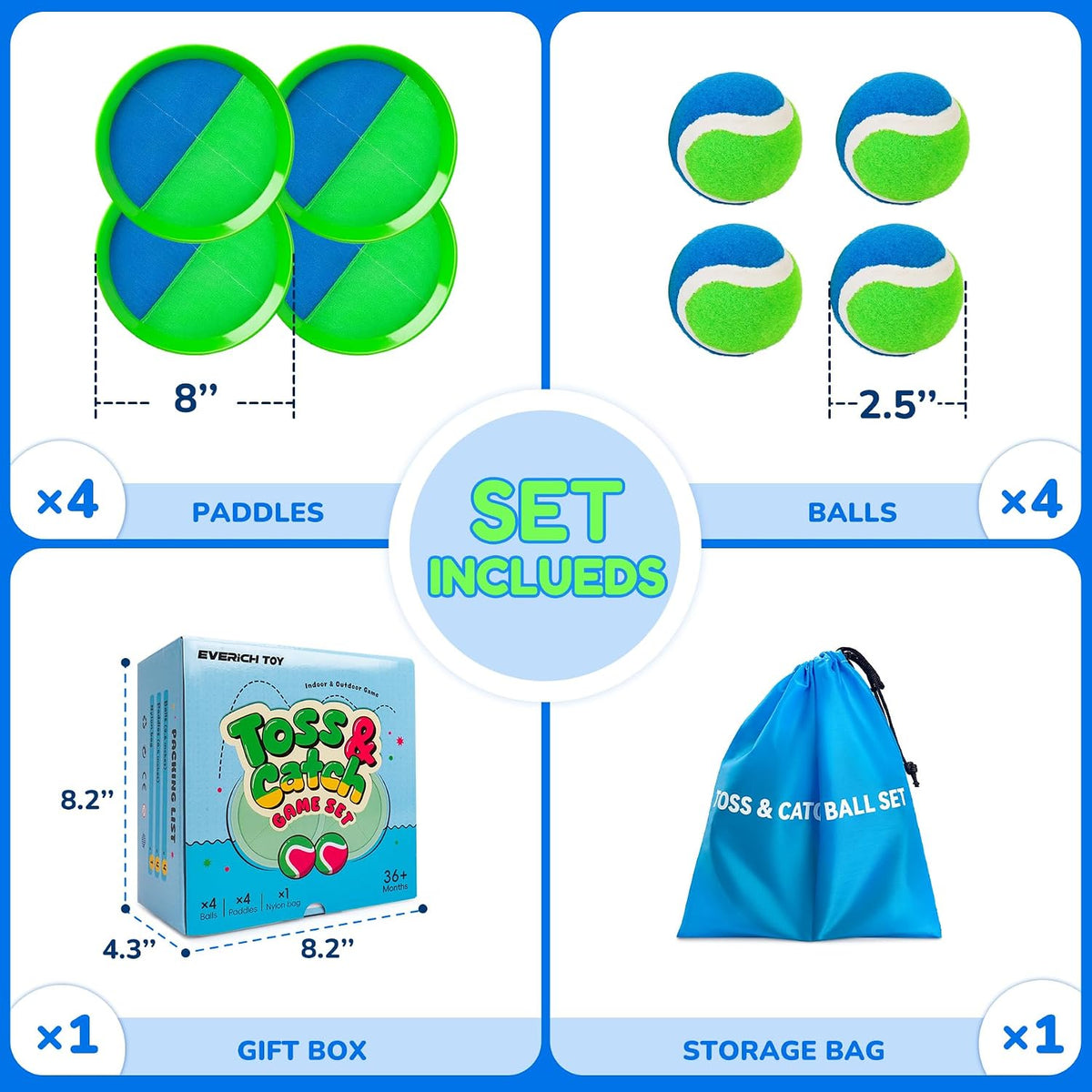EVERICH TOY Juego de pelota para lanzar y atrapar, juego de bolas adhesivas mejoradas para niños y niños pequeños, resistente y resistente al agua, juguete para exteriores, patio trasero, playa, piscina, regalo de cumpleaños para niños y niñas de 3 a 12