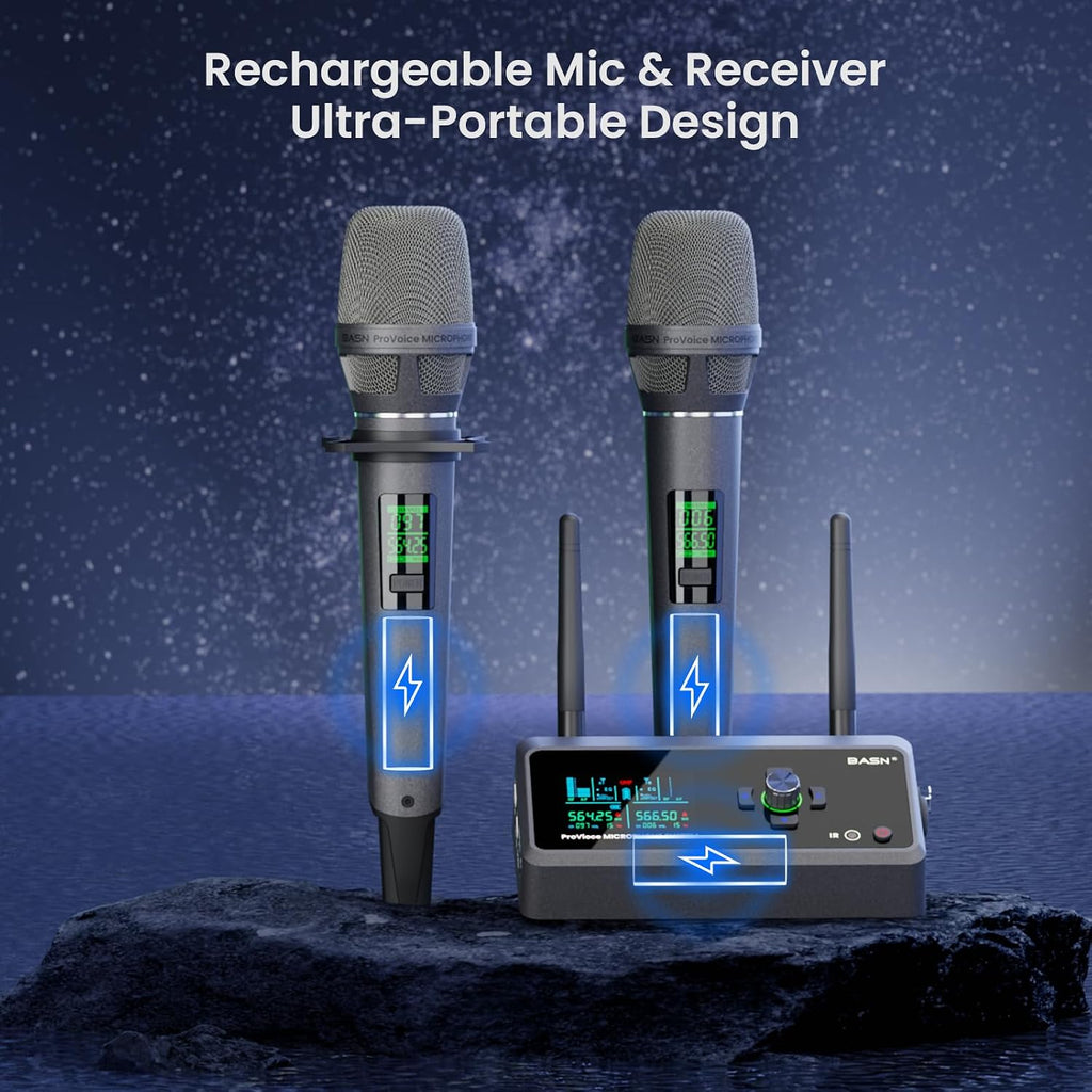 BASN Sistema de micrófono dual inalámbrico UHF recargable (plata champán), Plateado