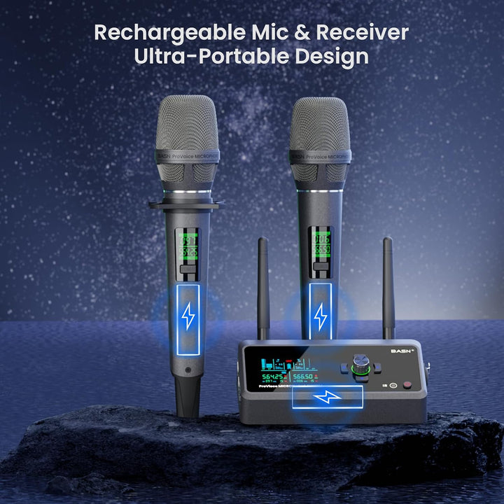 BASN Sistema de micrófono dual inalámbrico UHF recargable, micrófon...