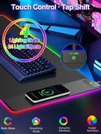 Alfombrilla de mouse XXL RGB para juegos con cargador inalámbrico magnético de 15 W, 31.5 x 15.8 pulgadas, alfombrilla de escritorio LED extra grande, 24 efectos de luz con base de goma antideslizante