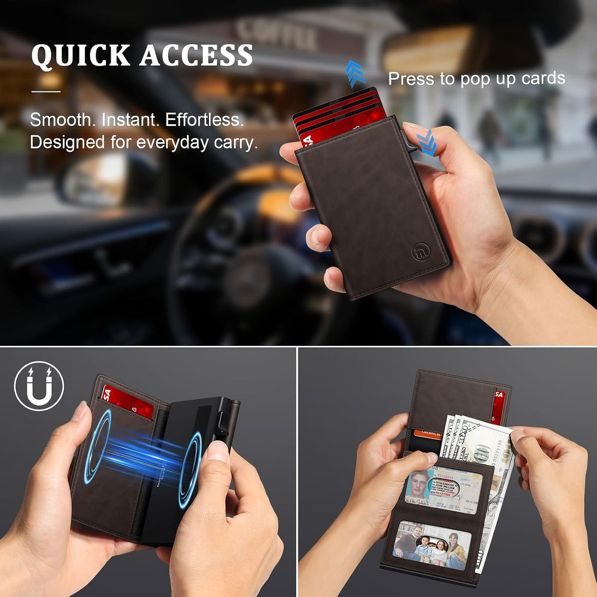 Cartera minimalista para hombres, cartera de cuero de grano completo con bloqueo RFID con 2 ventanas de identificación, billetera plegable triple para tarjetas de crédito, cartera de 9 a 11