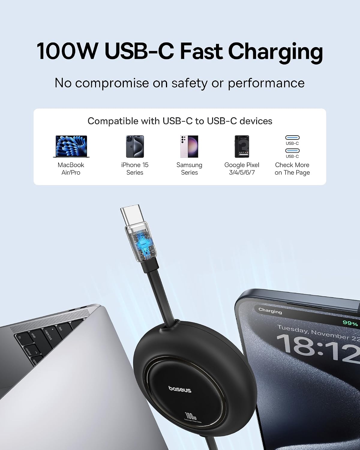 Baseus Cable USB C, 100 W, paquete de 2 cables de carga rápida USB C