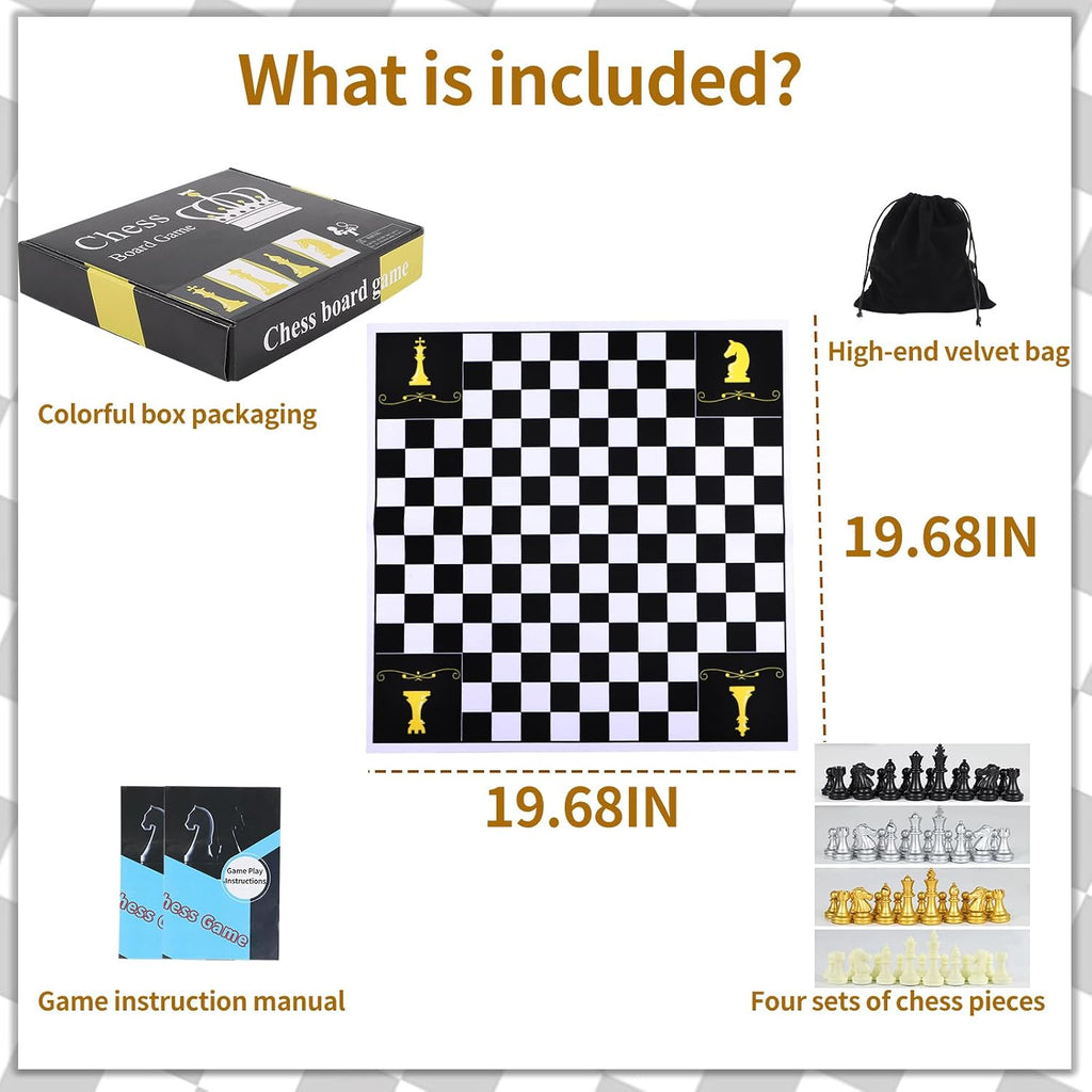 Juego de mesa de ajedrez para 4 jugadores, juego de ajedrez para cuatro personas, juego de ajedrez único de equipo, material de alfombrilla de mouse con 4 juegos de piezas de ajedrez (64 piezas) para 2-4 personas, juego portátil para adultos