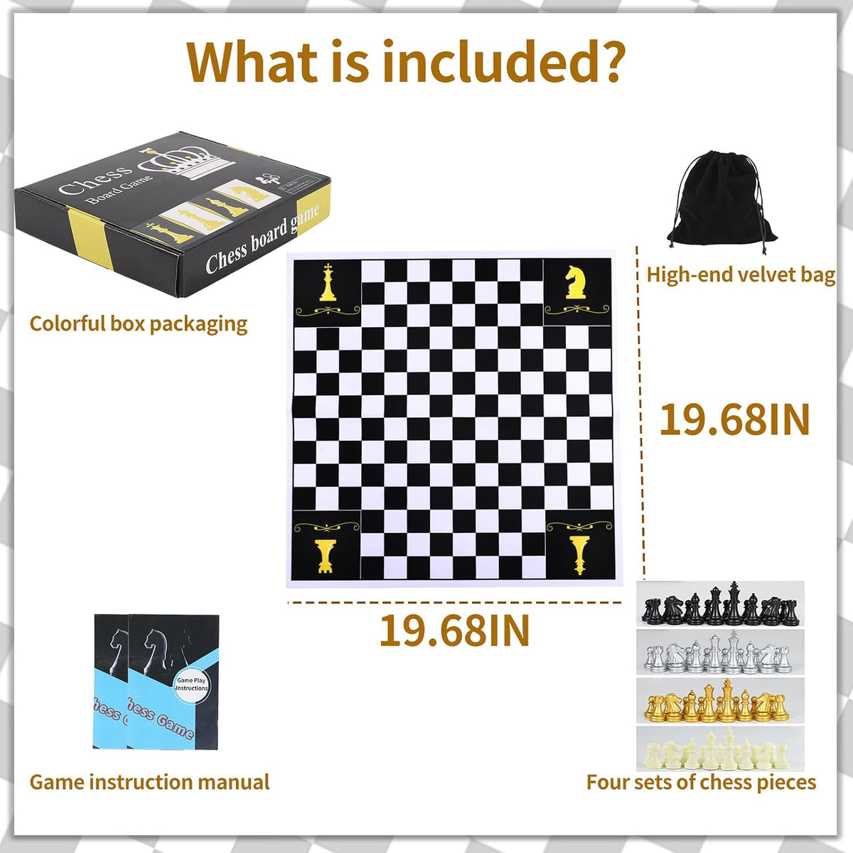 Juego de mesa de ajedrez para 4 jugadores, juego de ajedrez para cuatro personas, juego de ajedrez único de equipo, material de alfombrilla de mouse con 4 juegos de piezas de ajedrez (64 piezas) para 2-4 personas, juego portátil para adultos