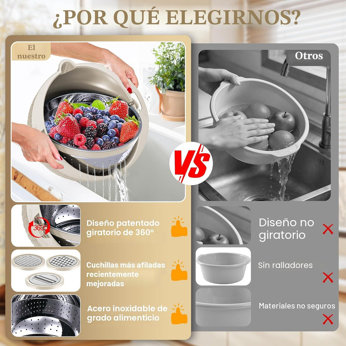Juego de colador 4 en 1 con cuenco patentado, colador giratorio de 360°