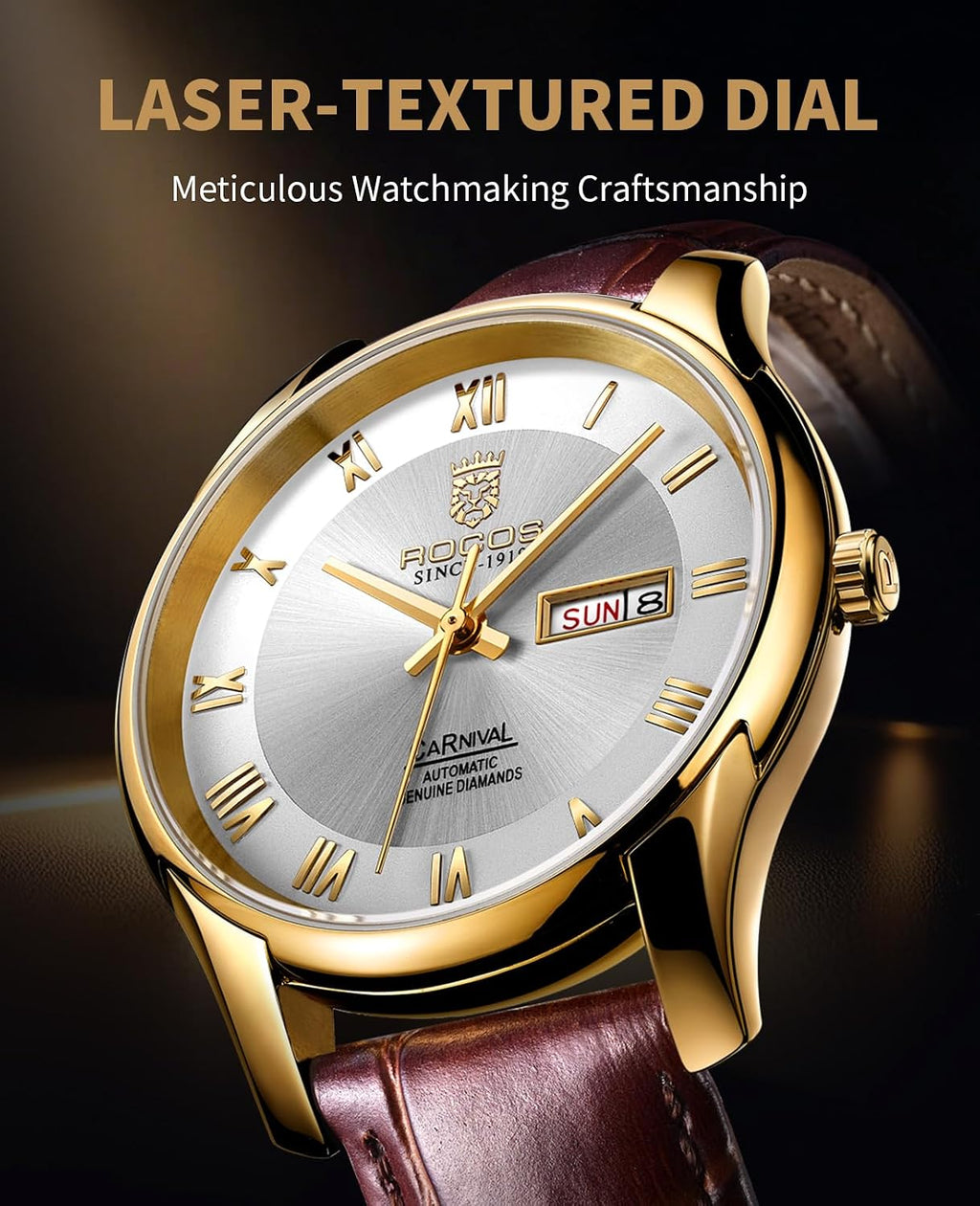ROCOSJEWE Reloj de vestir masculino automático de cuerda automática - Caja de acero inoxidable dorado, números romanos, correa de cuero marrón, indicación de día y fecha, tapa esqueletada, reloj de pulsera de lujo para negocios, uso casual y diario