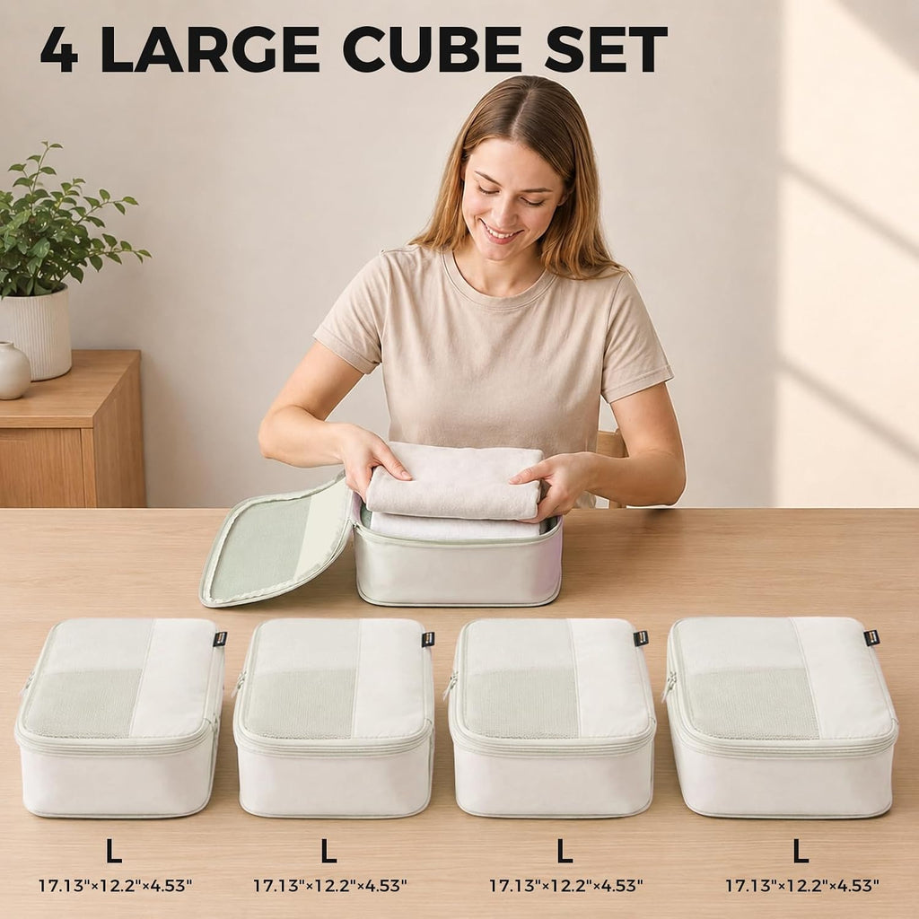 Cubos de embalaje de compresión para viajes, juego de 4 cubos de embalaje ligeros para maletas y mochilas, organizador que ahorra espacio para ropa, Blanco roto 4L, 4 grandes