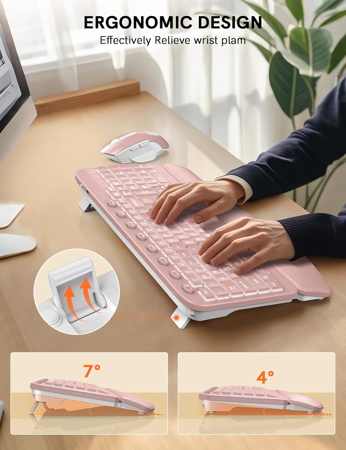 SABLUTE Combo ergonómico de teclado y mouse inalámbricos, teclado W...